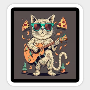 cat playing guitar for pizza Sticker